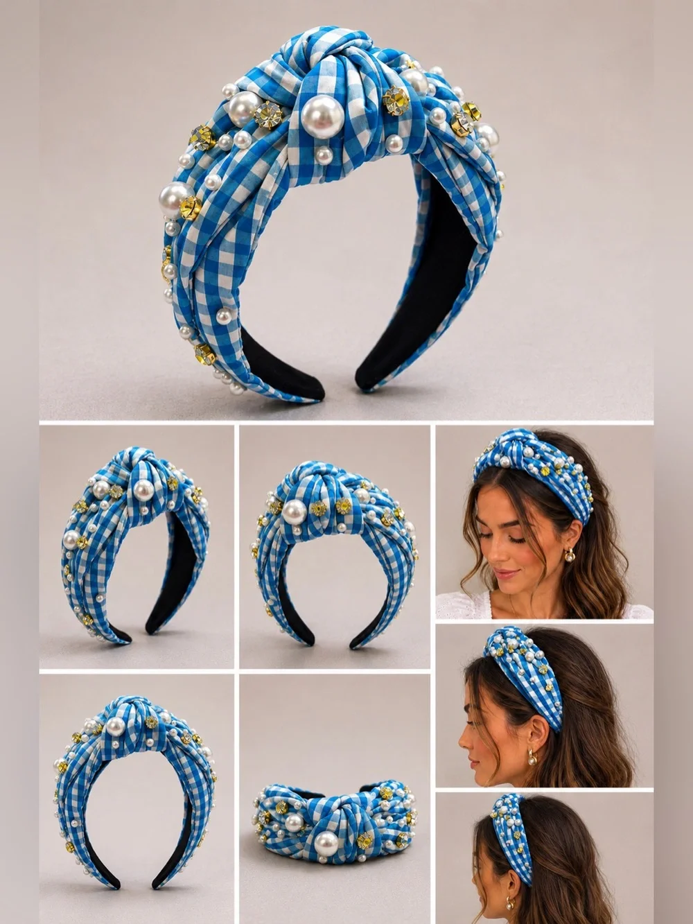 Blue Gingham Pearl Crystal Knotted Headband Preppy Coastal Statement